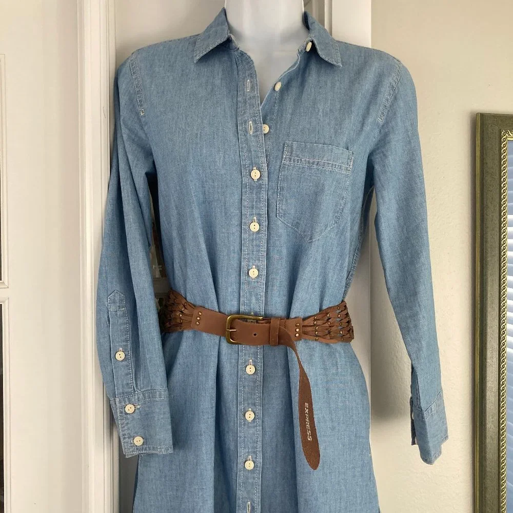J Crew  Vintage Long Sleeve Denim Look Button Down Dress With Leather Belt   OOP